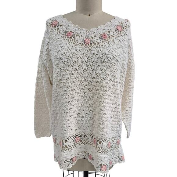 Shenanigans Hand Knit  Cotton Scallop Stitch Rosette Sweater 3D L Cottage Core - Picture 2 of 5